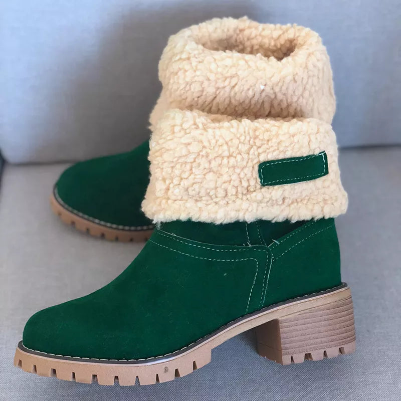 Round Toe Block Heels Boots - Dark Green