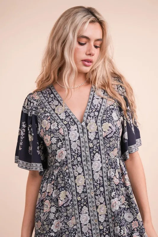 Shirring Detail Printed Woven Mini Dress -