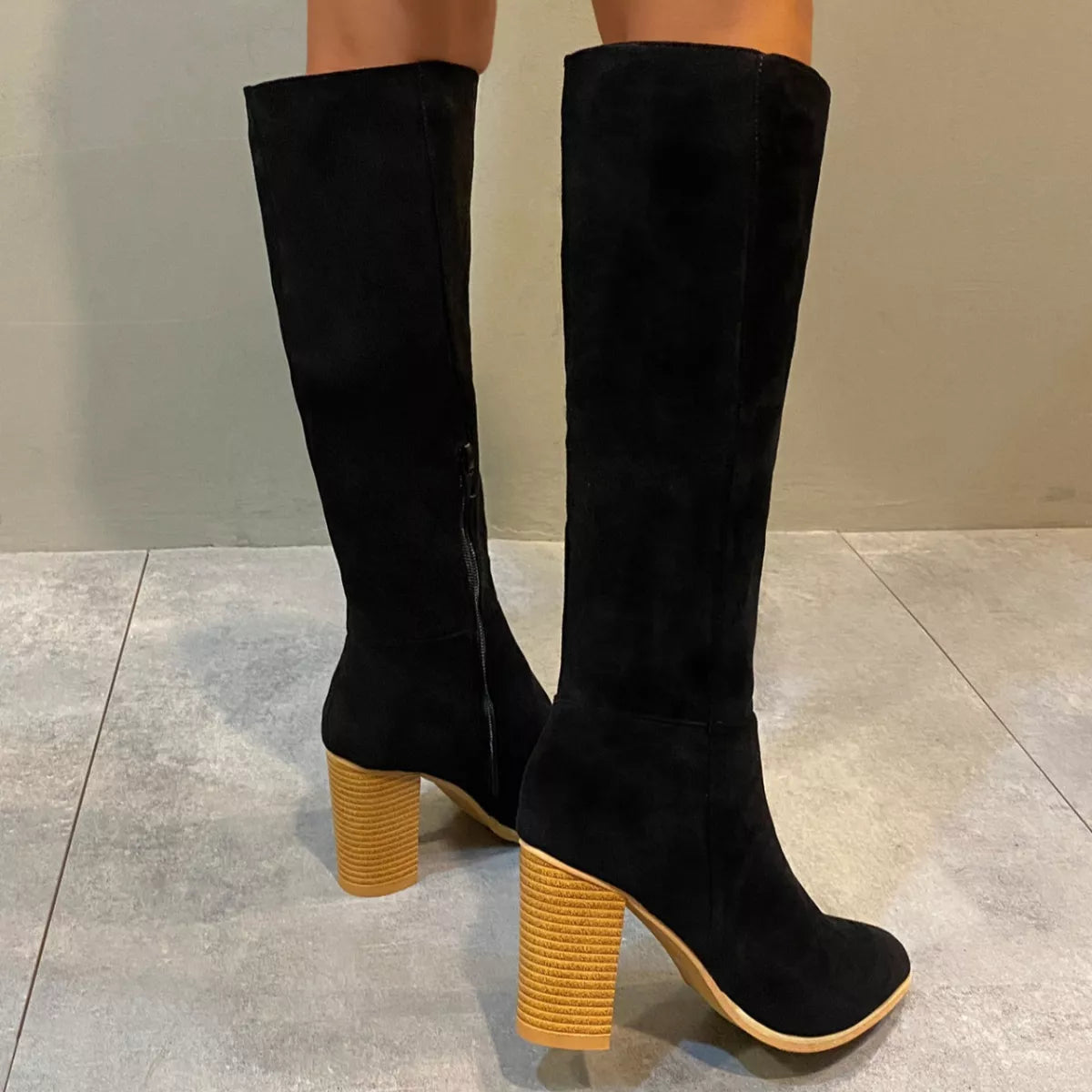 Point Toe Knee-High Suede Block Heel Boots -