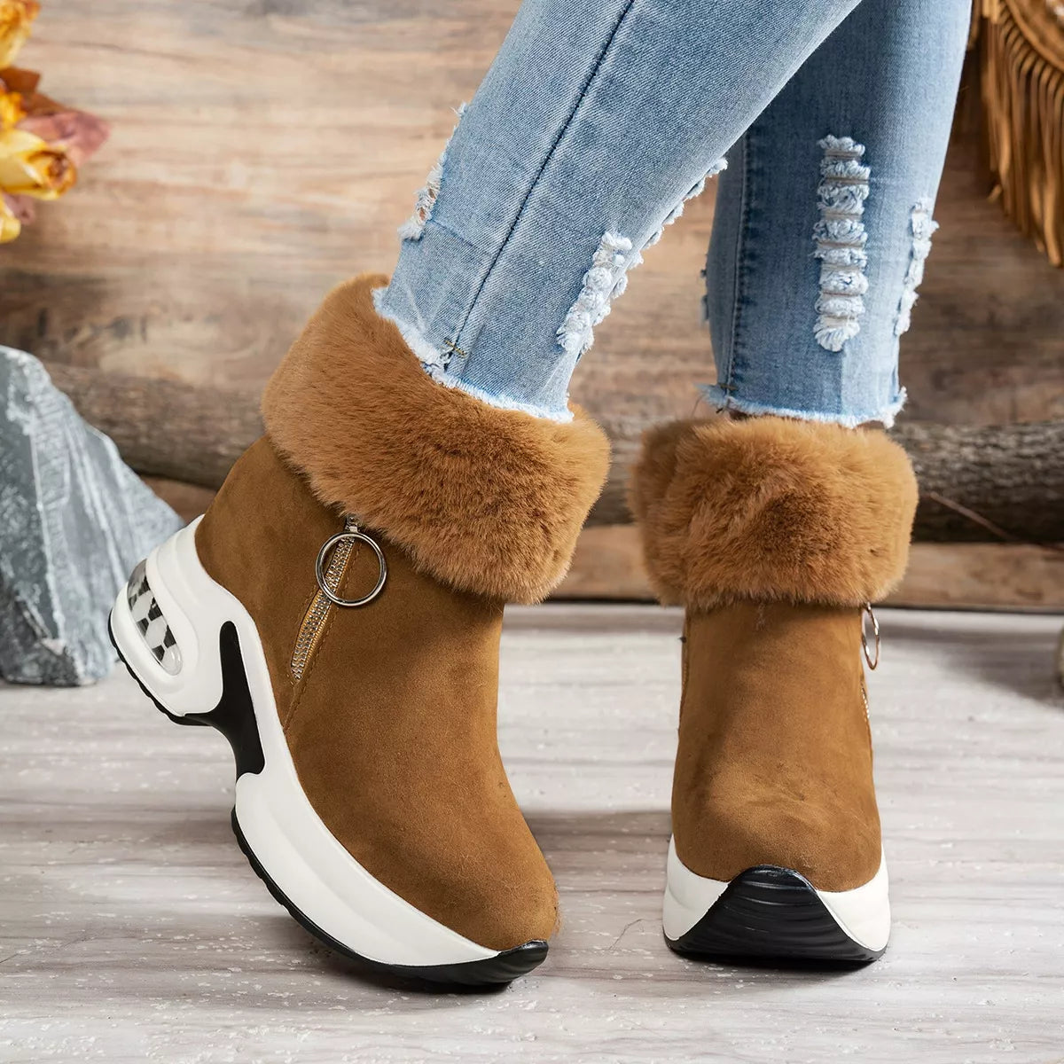 Fuzzy Side Zipper Platform Ankle Boots - Brown