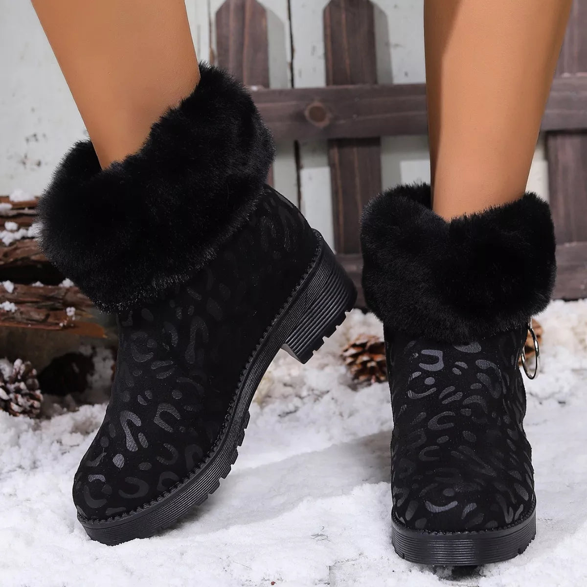 Fuzzy Cuff Leopard Print Ankle Boots - Black