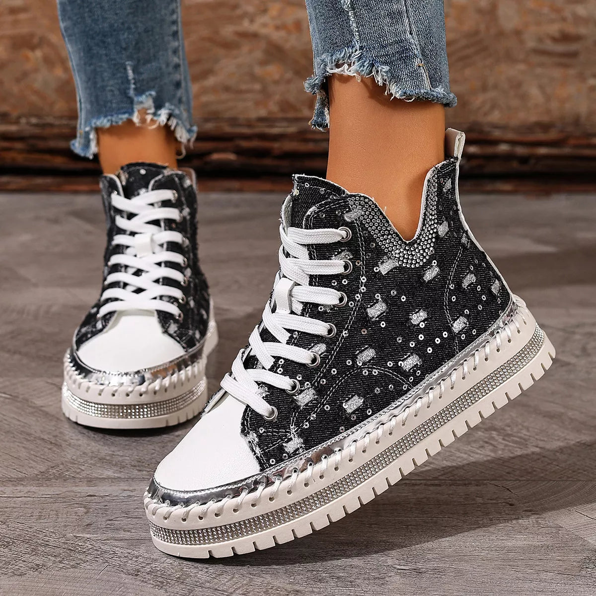 Lace Up Platform Sneakers - Black