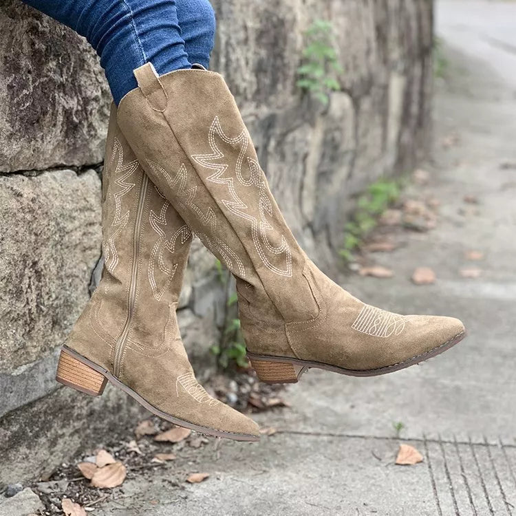 Point Toe Block Heels Boots - Khaki