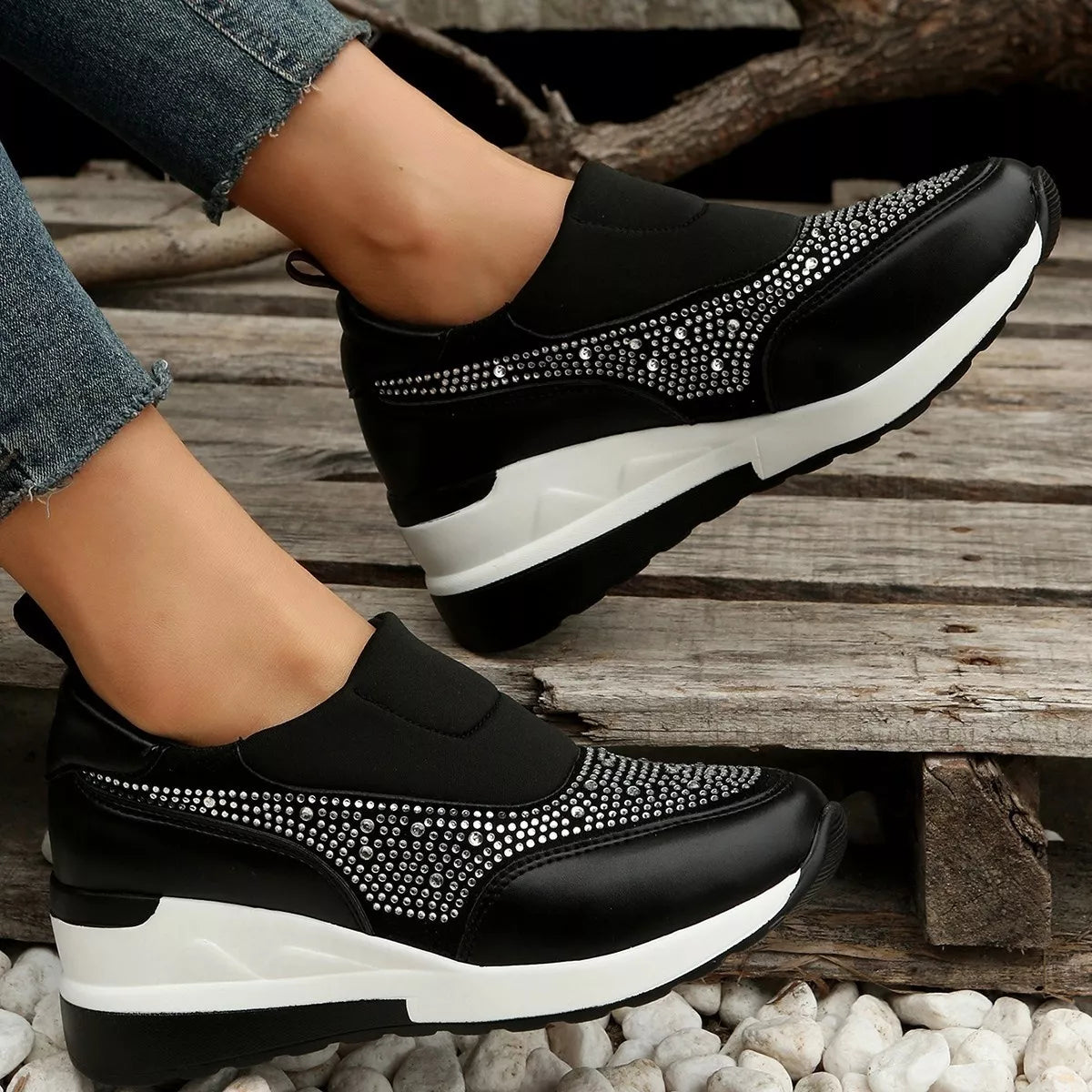 Rhinestone Embellished Wedge Sneakers - Black