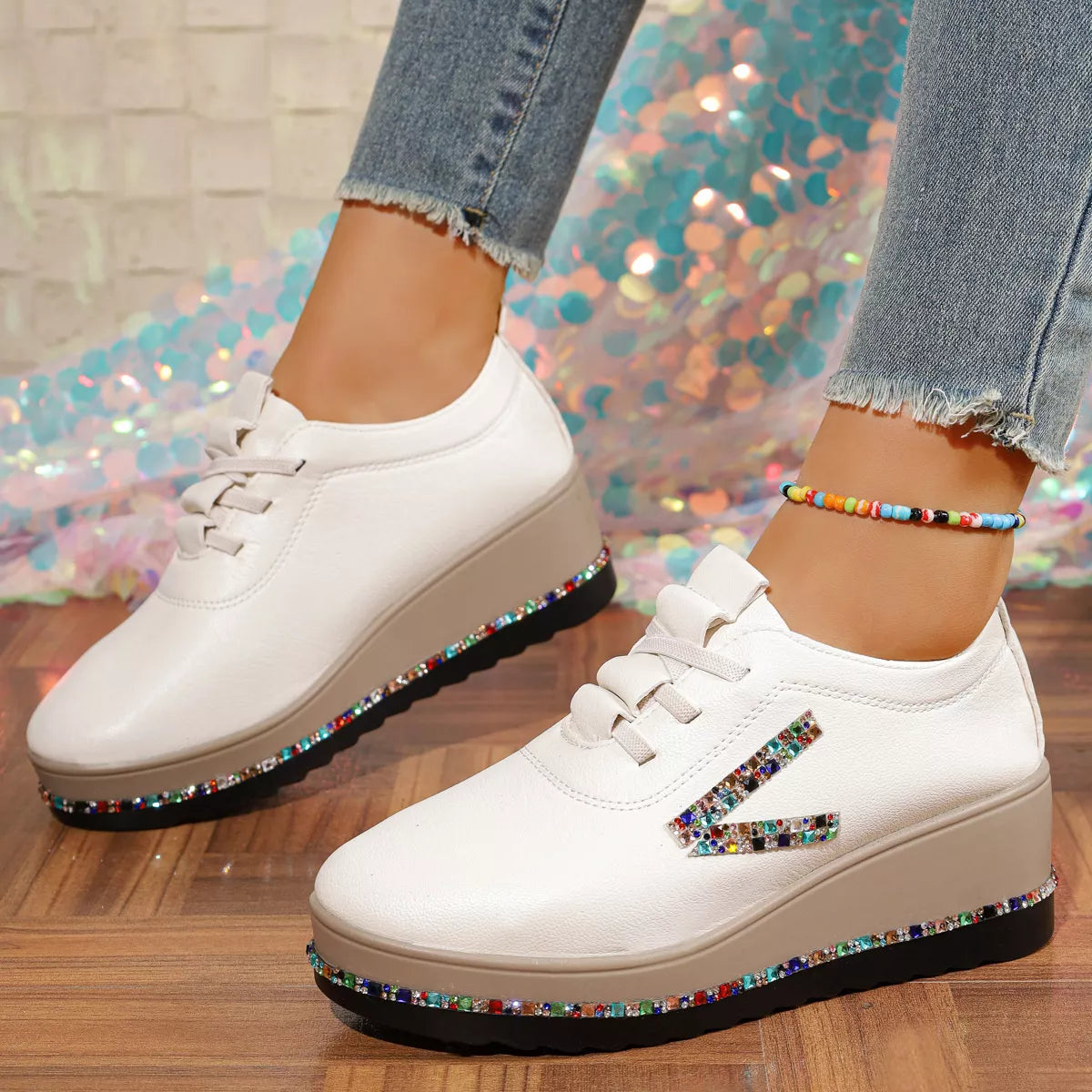 Rhinestone Round Toe Wedge Sneakers - White