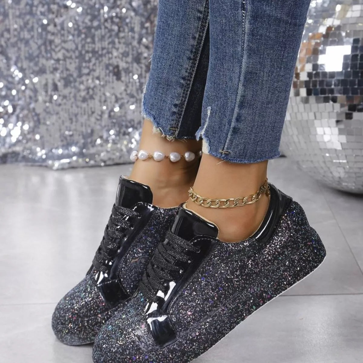 Sparkling Lace Up Sneakers -