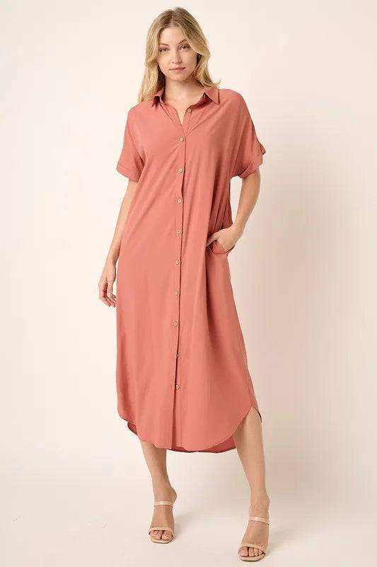 Collared Neck Dolman Short Sleeve Midi Shirt Dress - Clay