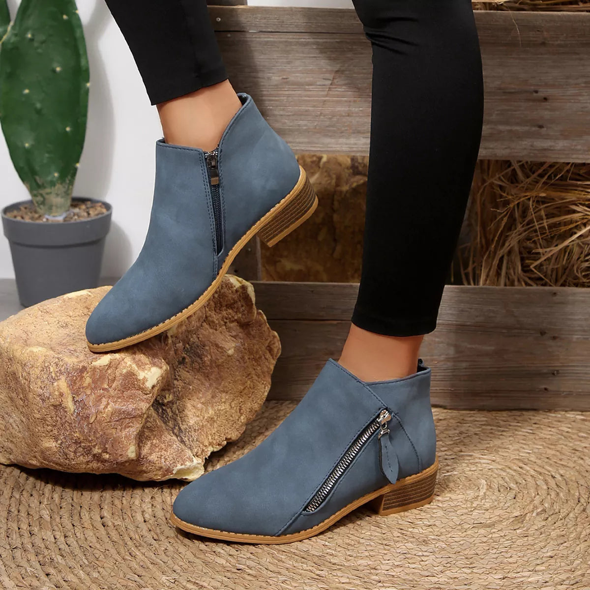 Block Heels Ankle Boots - Dusty Blue