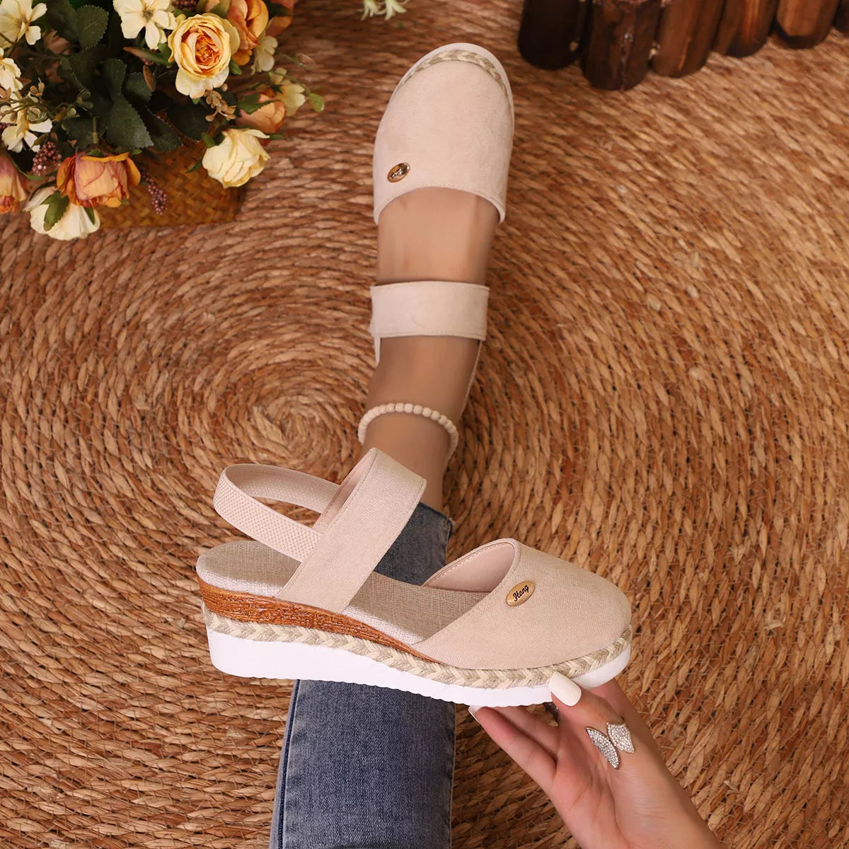 Espadrille Wedge Sandals - Beige
