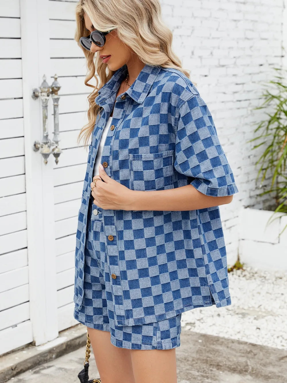 Checkered Shirt and Shorts Denim Set -