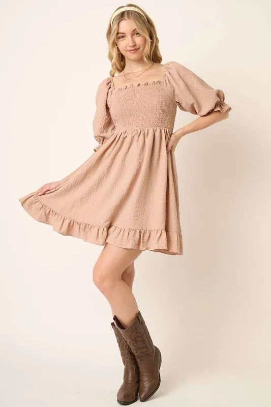 Smocked Ruffled Hem Half Sleeve Mini Dress - Taupe