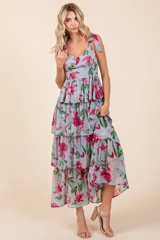 Layered Floral Sweetheart Neck Maxi Dress -