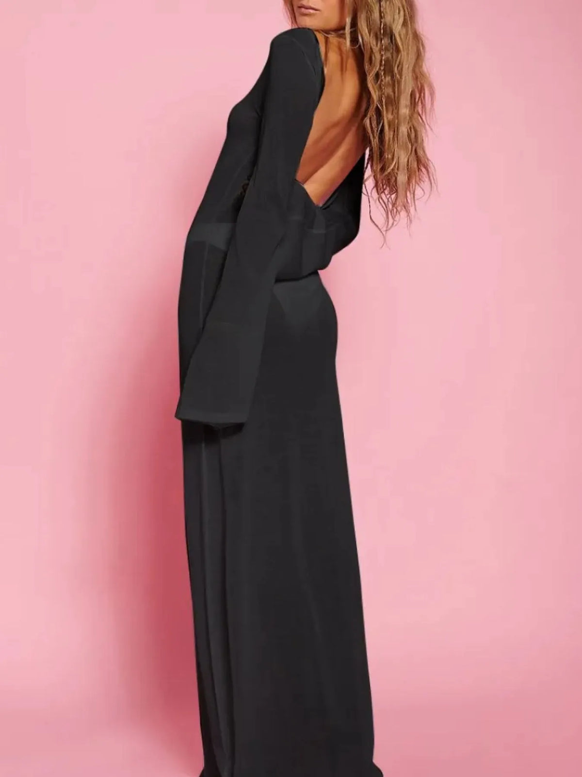 Backless Long Sleeve Maxi Cover-Up -