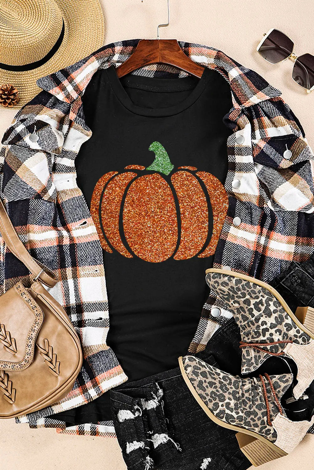 Glitter Pumpkin Round Neck T-Shirt -