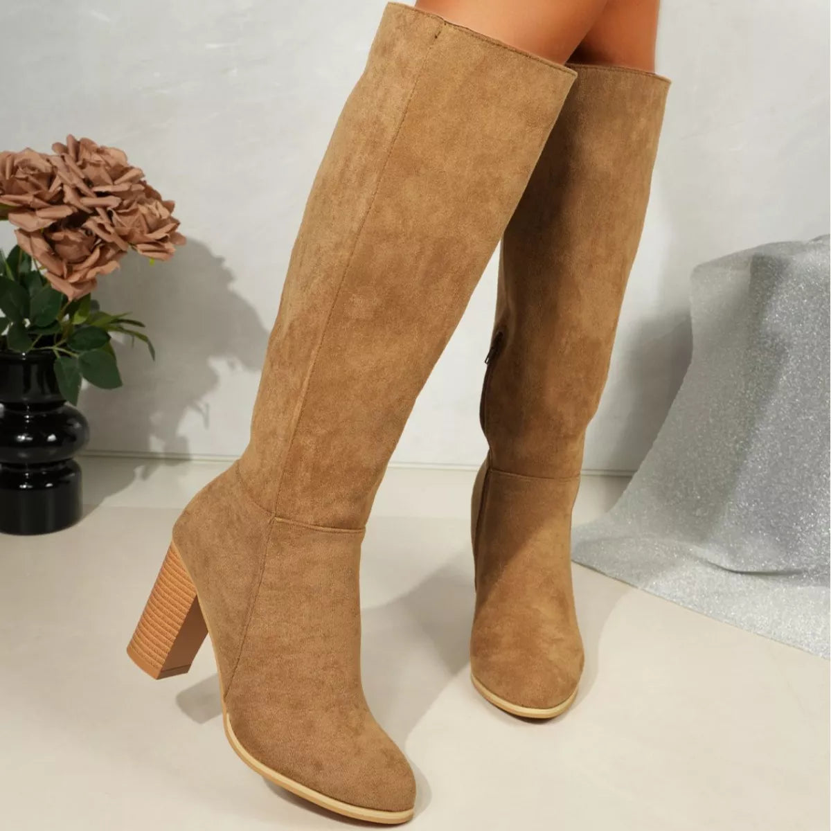 Point Toe Knee-High Suede Block Heel Boots -