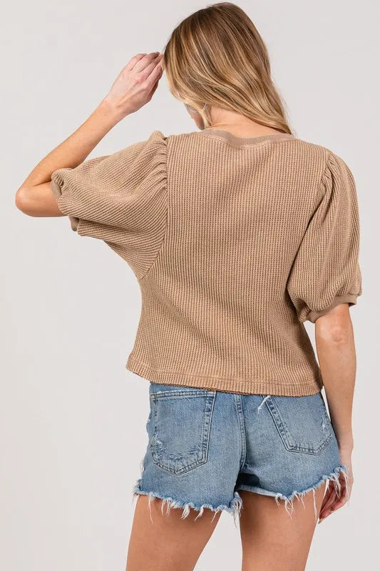 Lace-Up Waffle Knit Crop Top - Camel