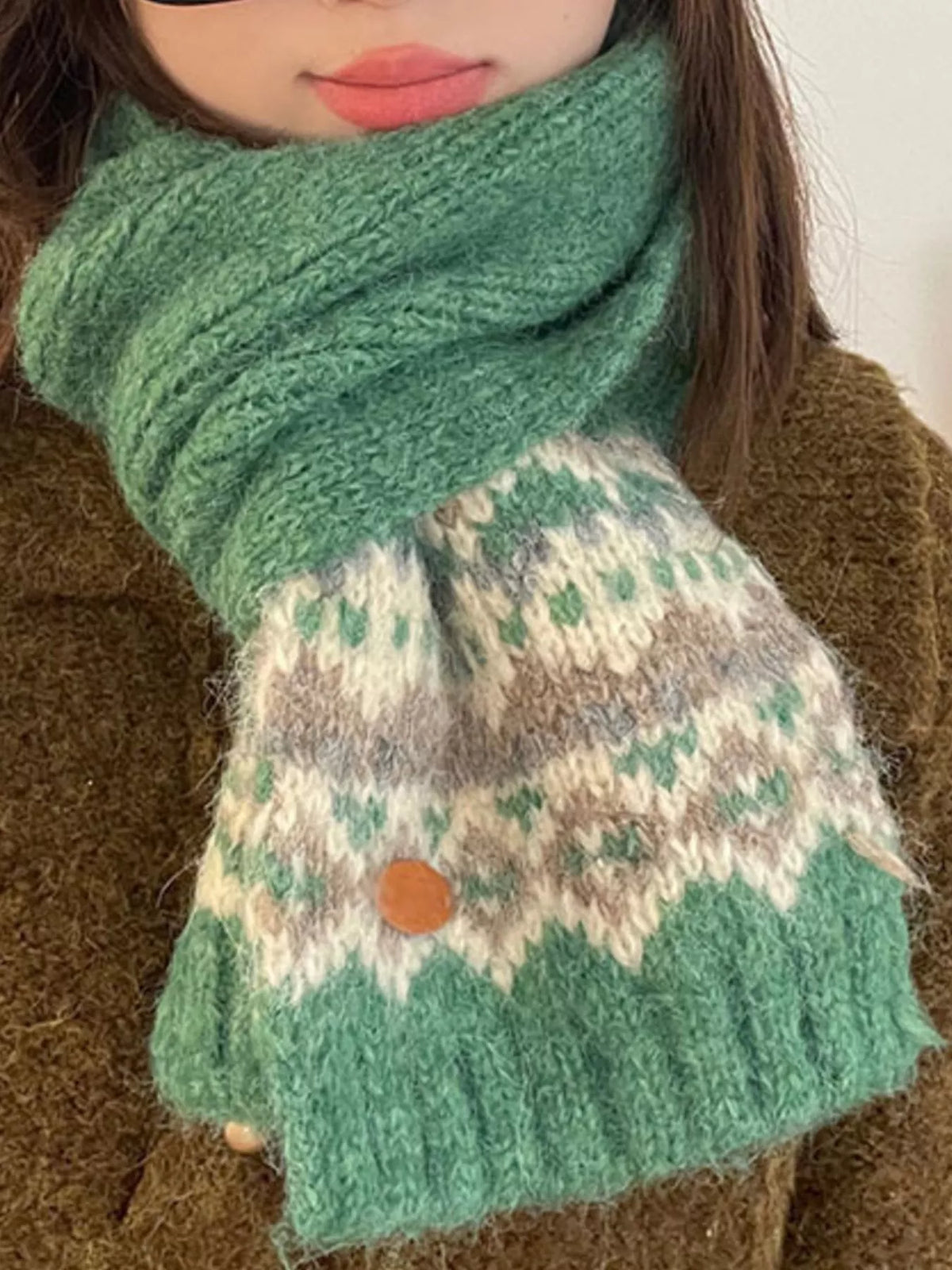 Nordic Pattern Knitted Winter Scarf - Green One Size