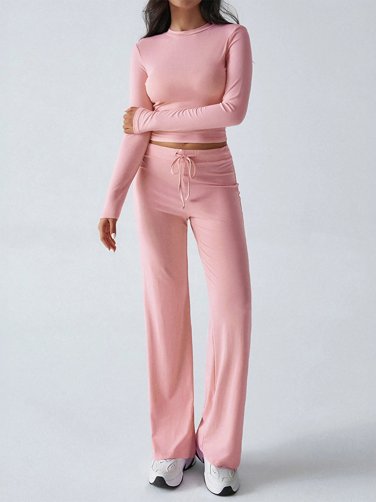 Round Neck Long Sleeve Top and Pants Set - Pink