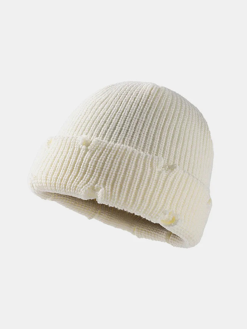 Distressed Cuffed Knit Hat - White One Size