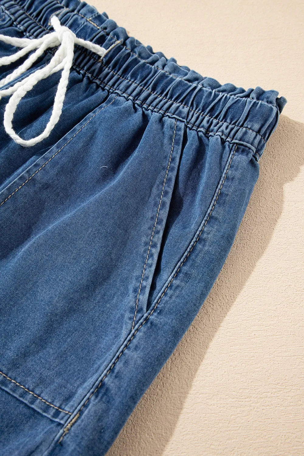Raw Hem Drawstring High Waist Denim Shorts -