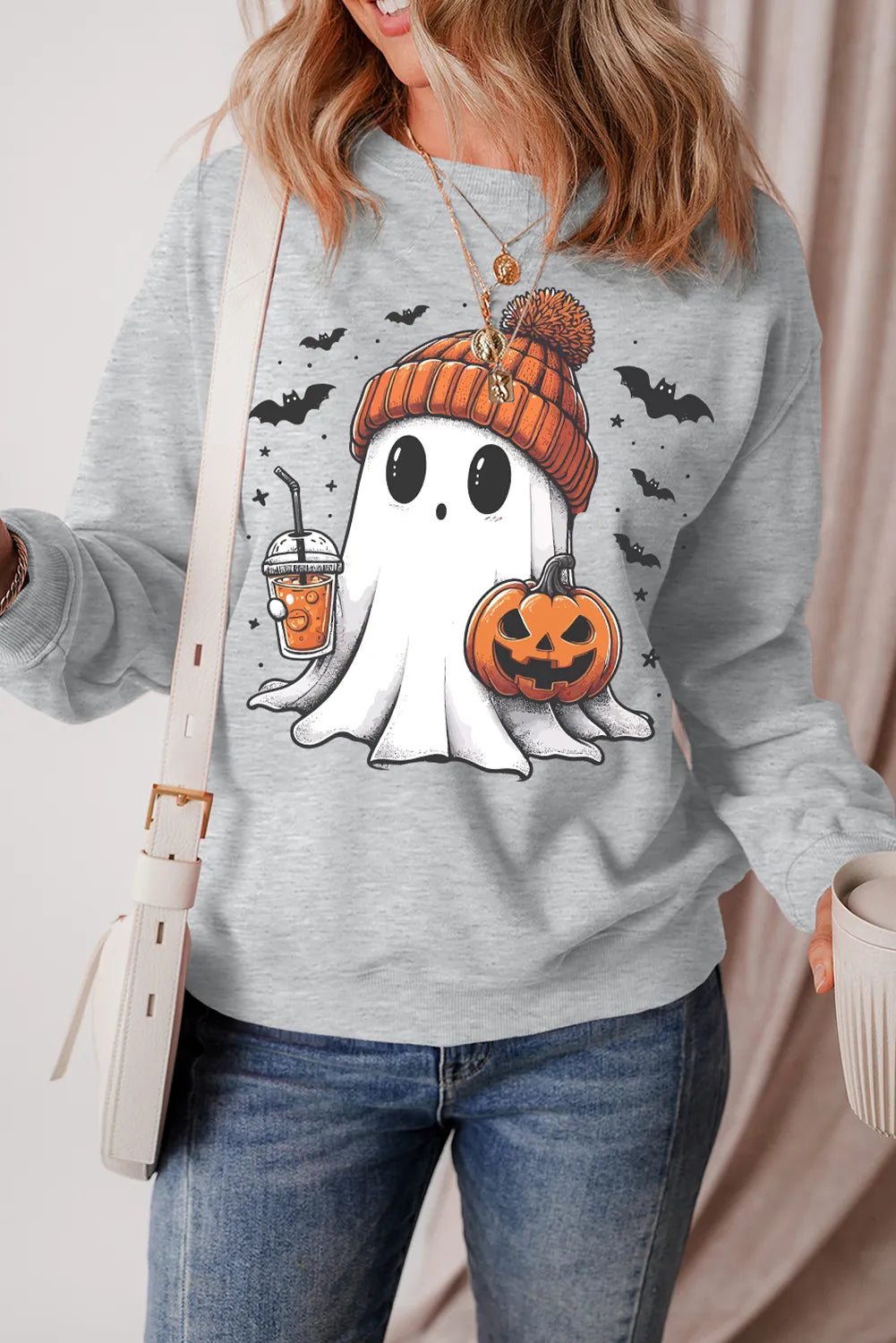 Ghost Round Neck Long Sleeve Sweatshirt - Gray