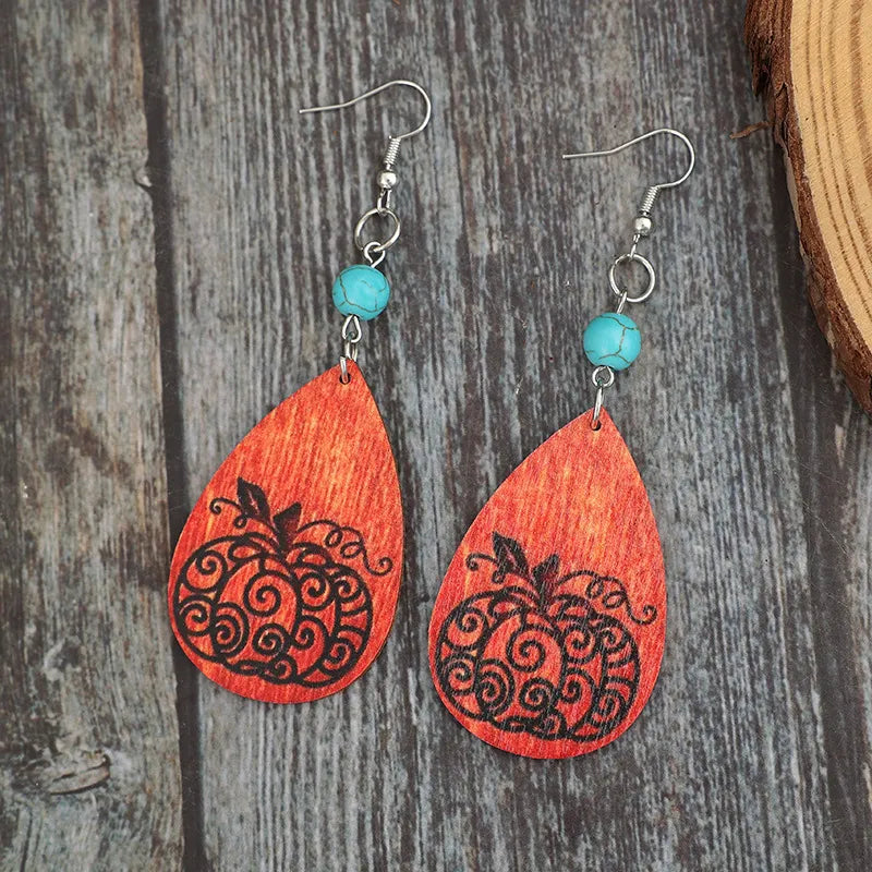 Turquoise Wooden Pumpkin Teardrop Earrings -