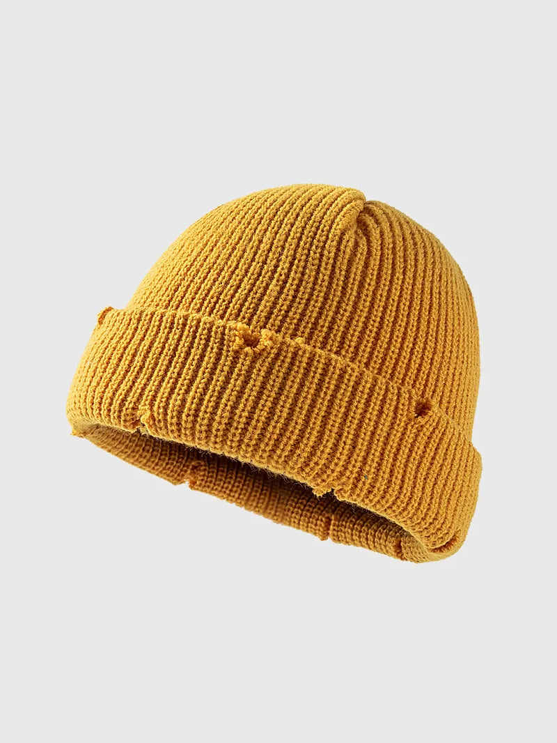 Distressed Cuffed Knit Hat - Yellow One Size