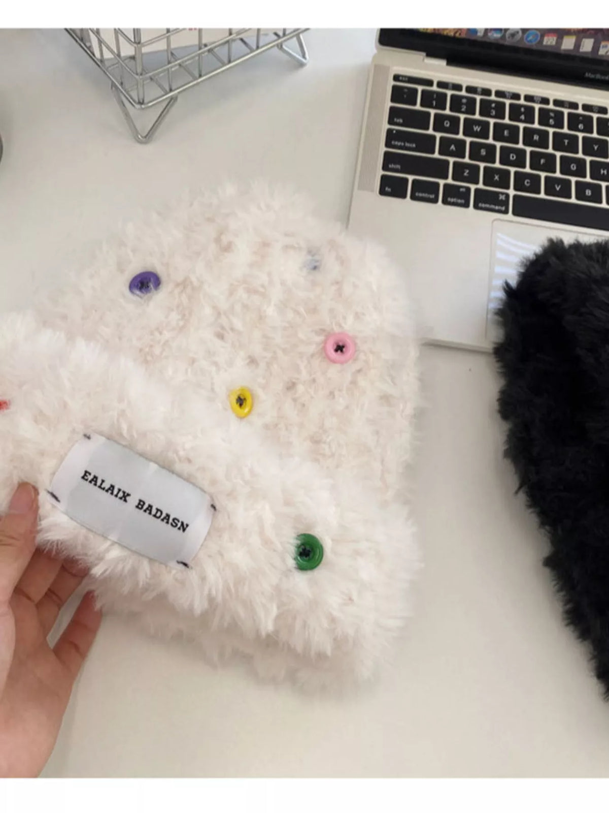 Colorful Buttons Decor Plush Beanie Hat - Beige White One Size