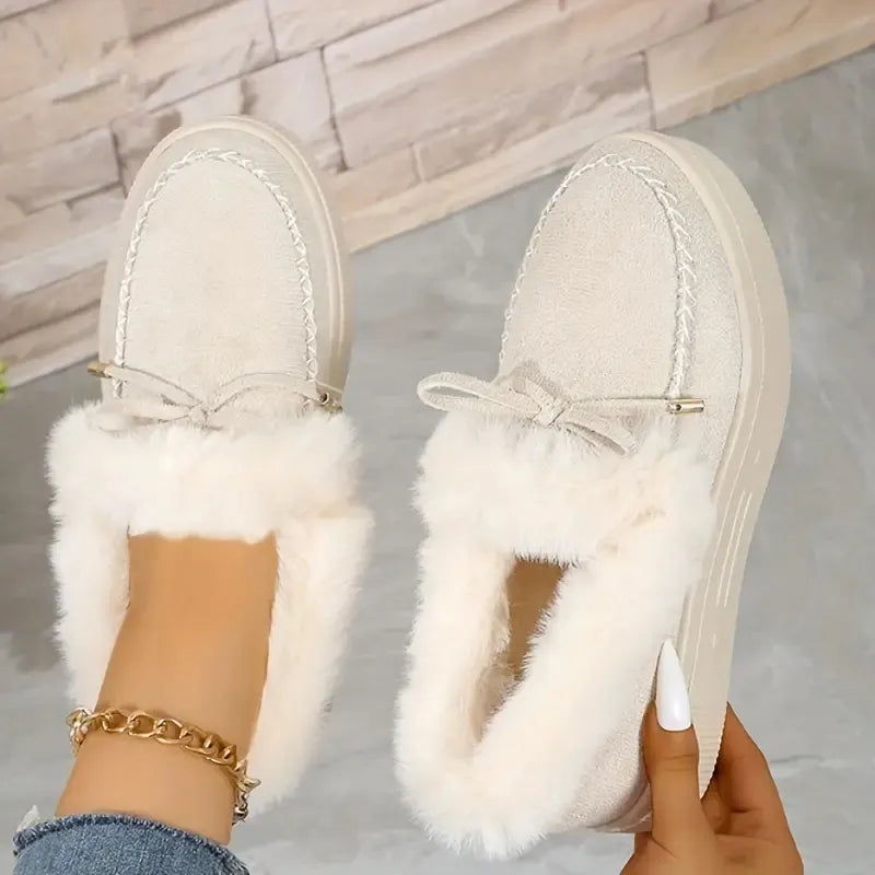 Bow Furry Round Toe Flat Slip-Ons - Beige