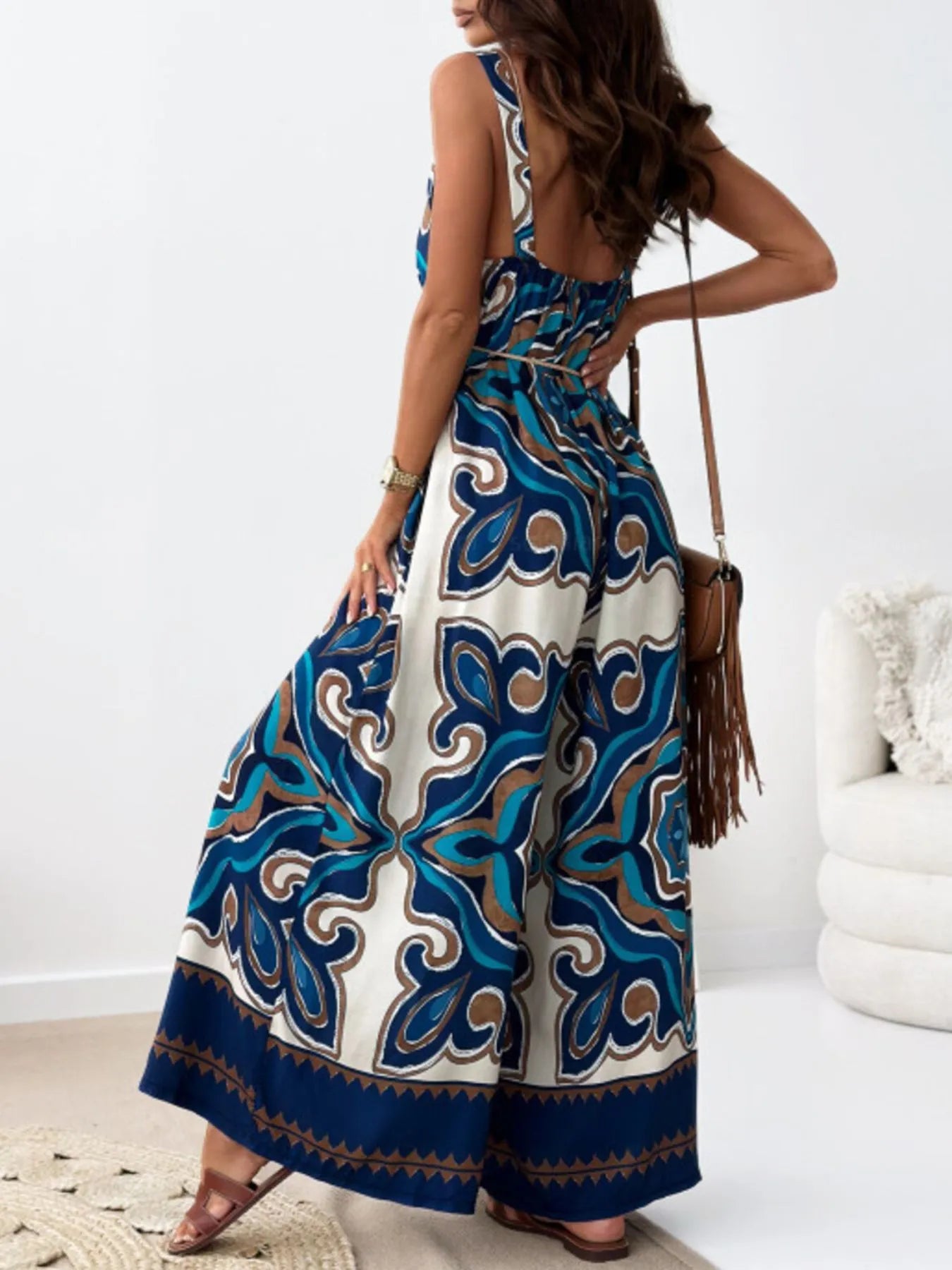 Paisley Print Spaghetti Strap Wide Leg Jumpsuit - Blue