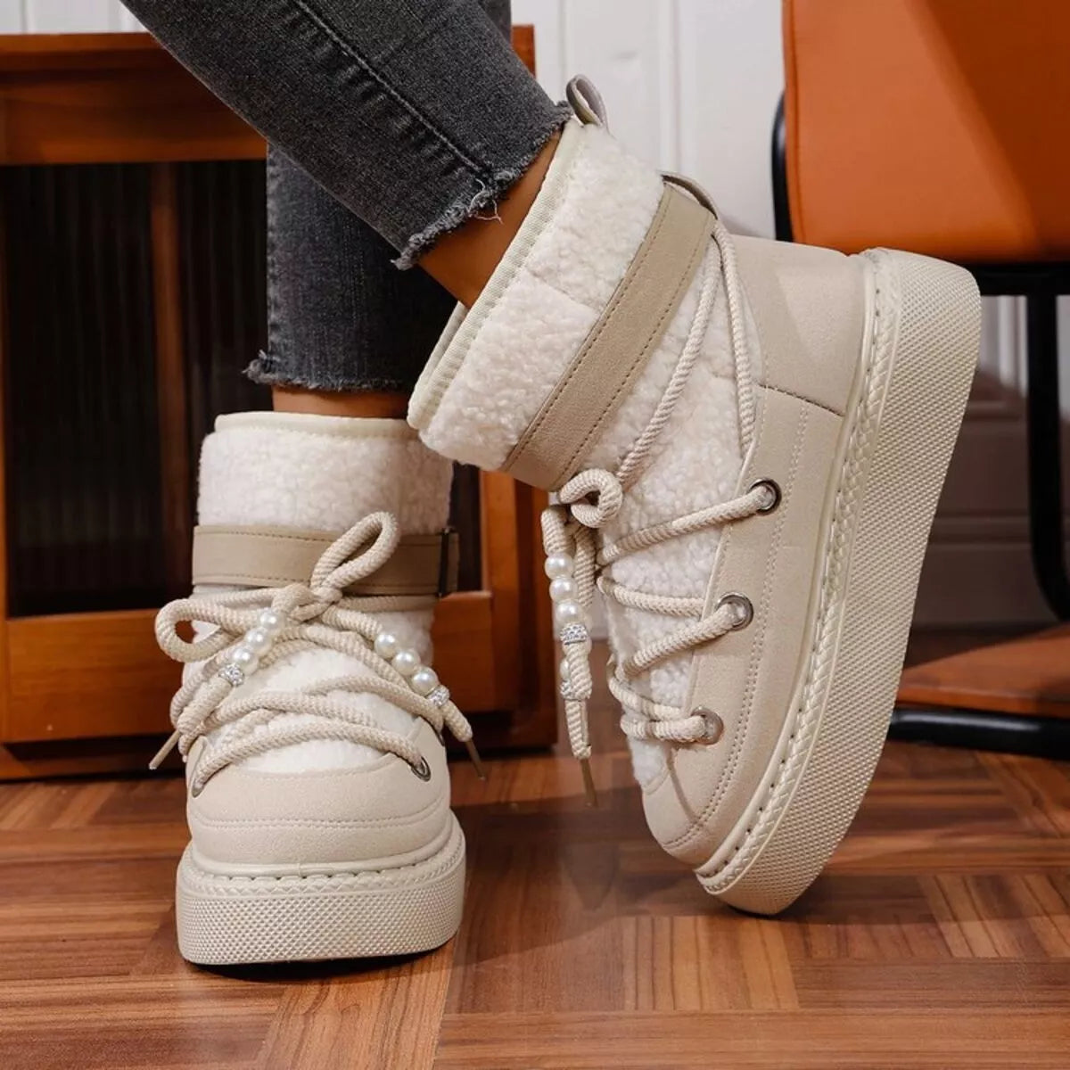 Lace Up Platform Boots - Beige