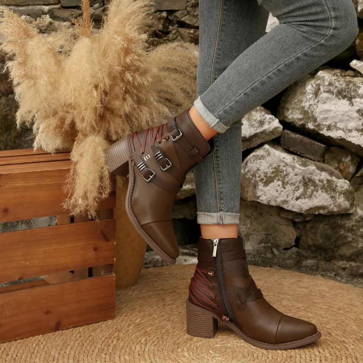 Point Toe Buckle Strap Ankle Boots -