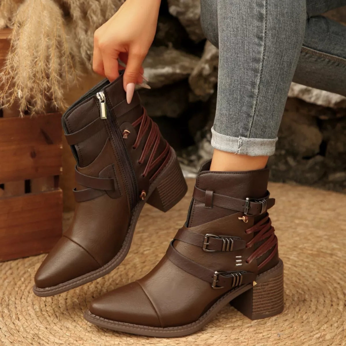 Point Toe Buckle Strap Ankle Boots -
