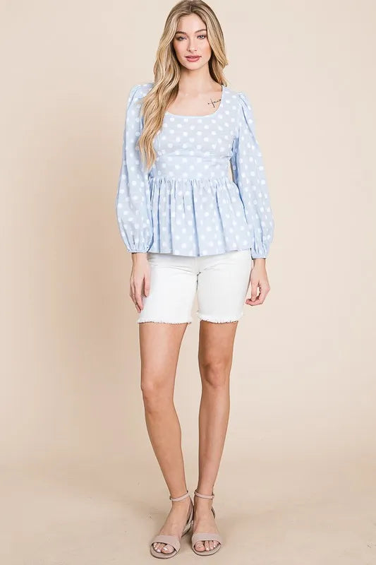 Polka Dot Print Balloon Sleeve Babydoll Peplum Top - Light Blue