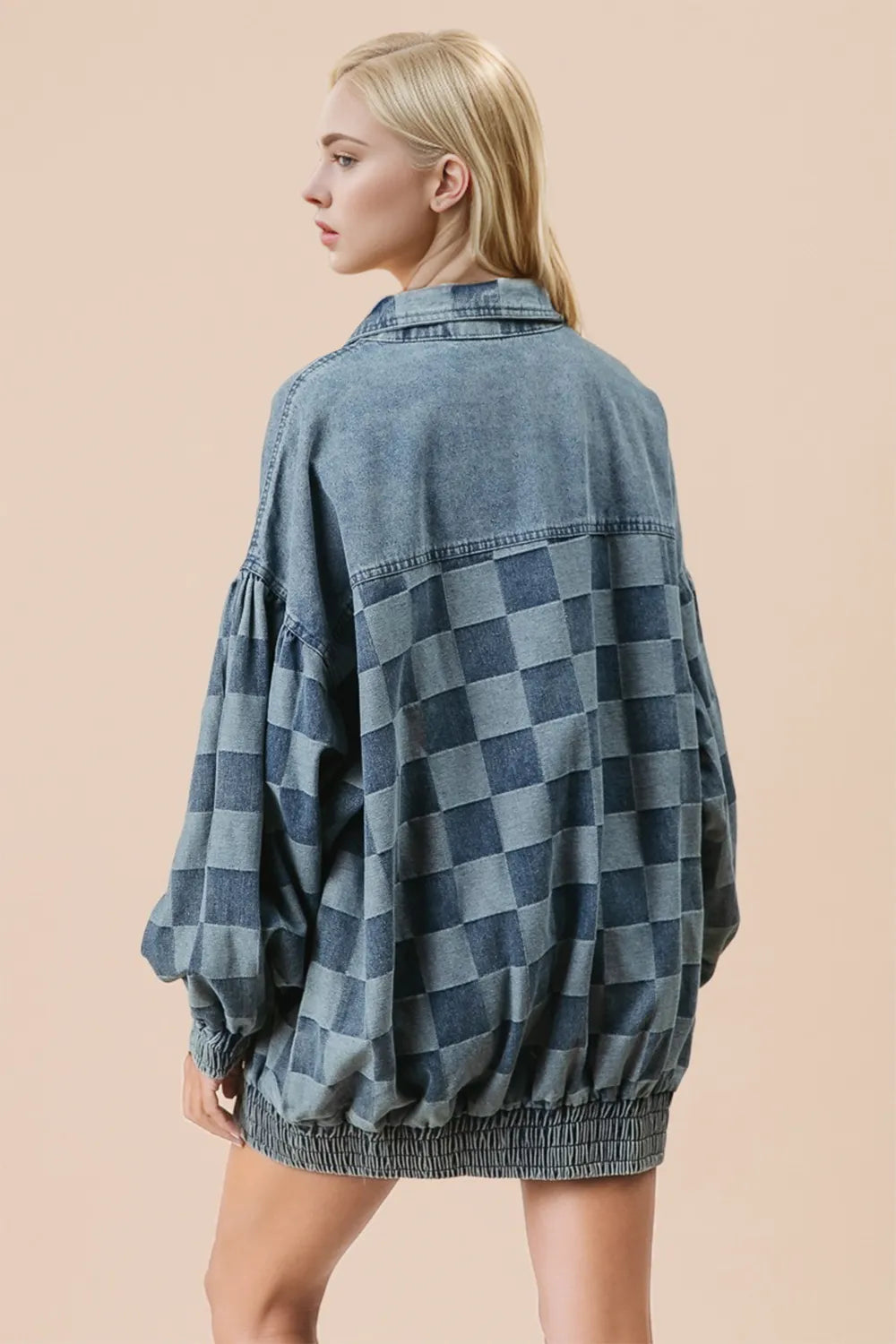 Checkered Button Up Denim Jacket -