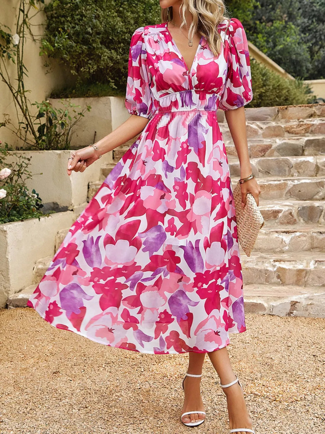 Printed Puff Sleeve Midi Dress - Hot Pink