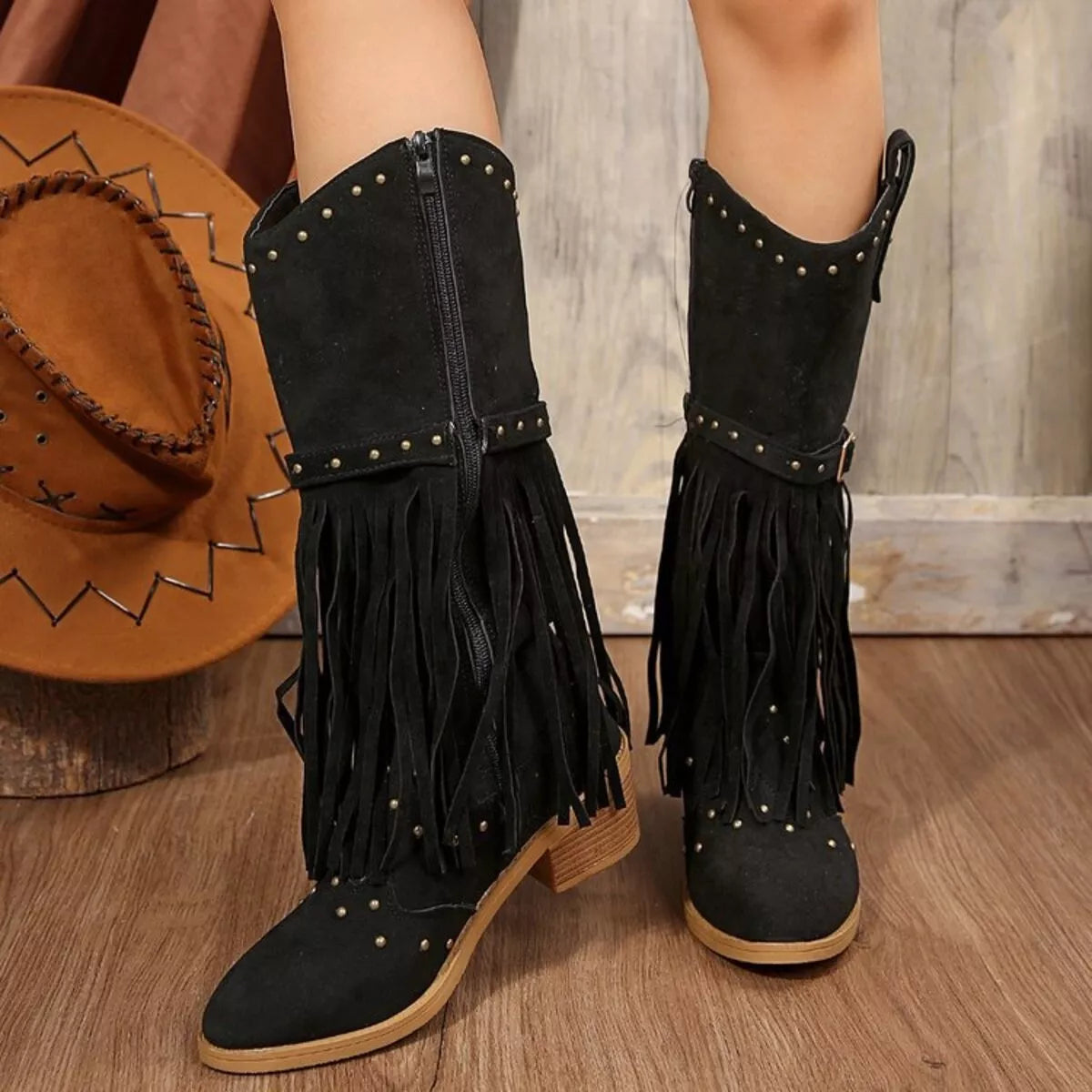 Fringe Point Toe Block Heels Boots - Black
