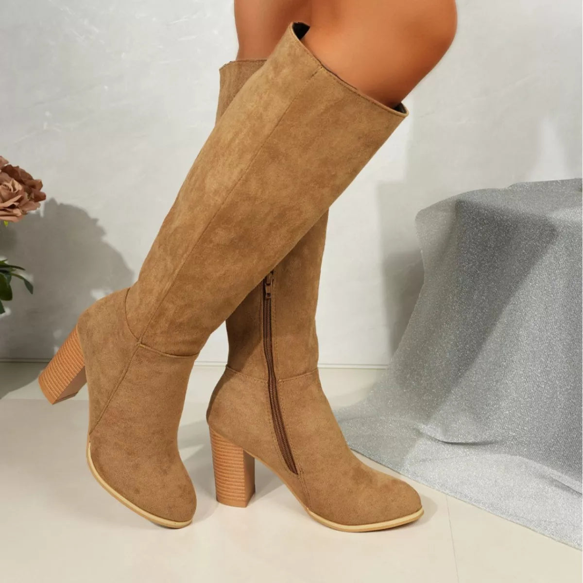 Point Toe Knee-High Suede Block Heel Boots -