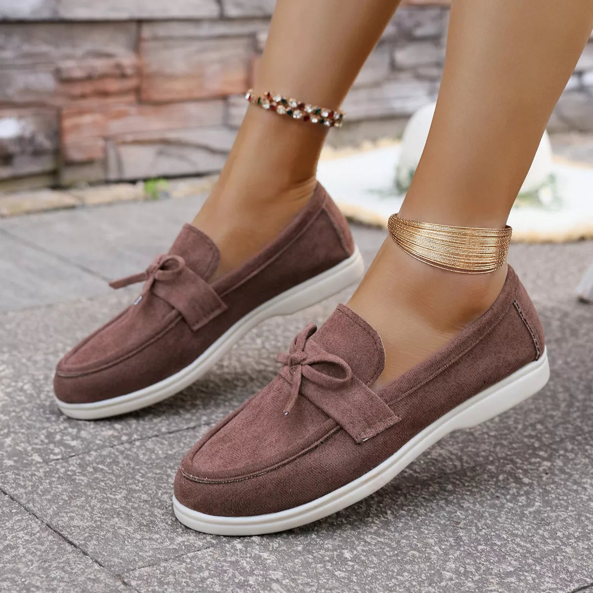Bow Round Toe Slip-Ons - Brown