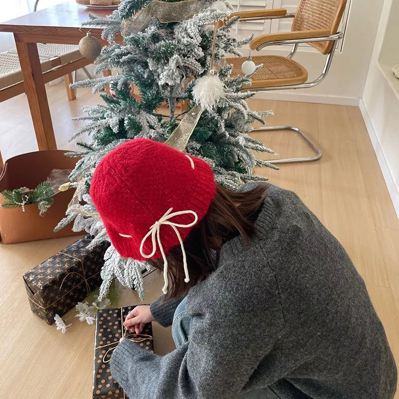 Drawstring Knitted Hat - Red One Size