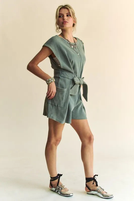 Acid-Washed Waffle Knit Cuffed Sleeves Romper - Light Teal