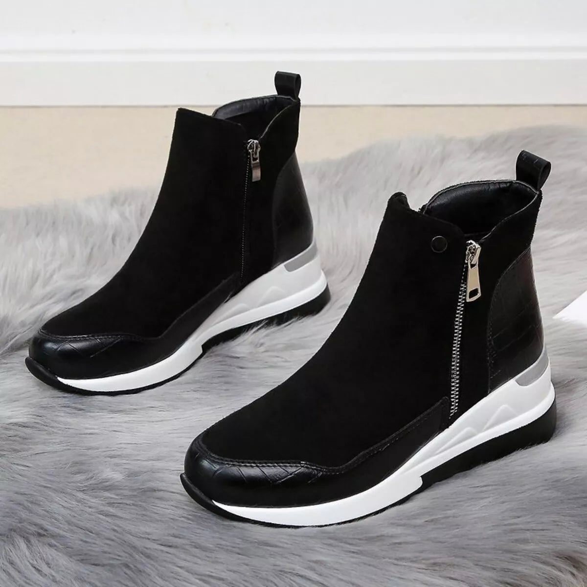 Side Zipper Ankle Boots - Black