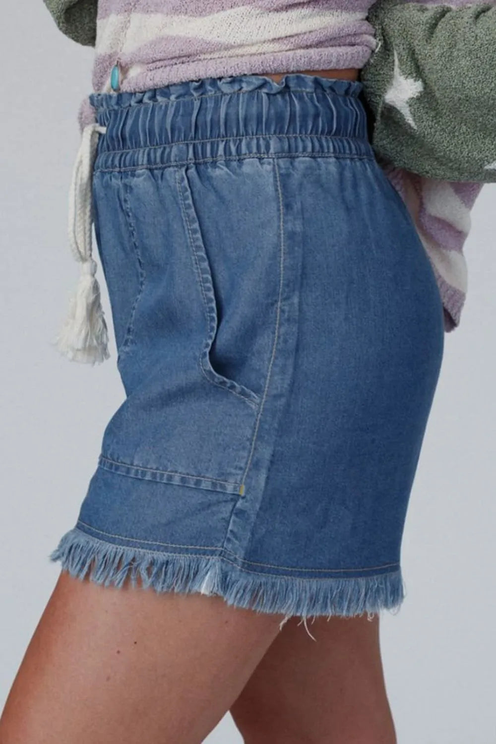 Raw Hem Drawstring High Waist Denim Shorts -