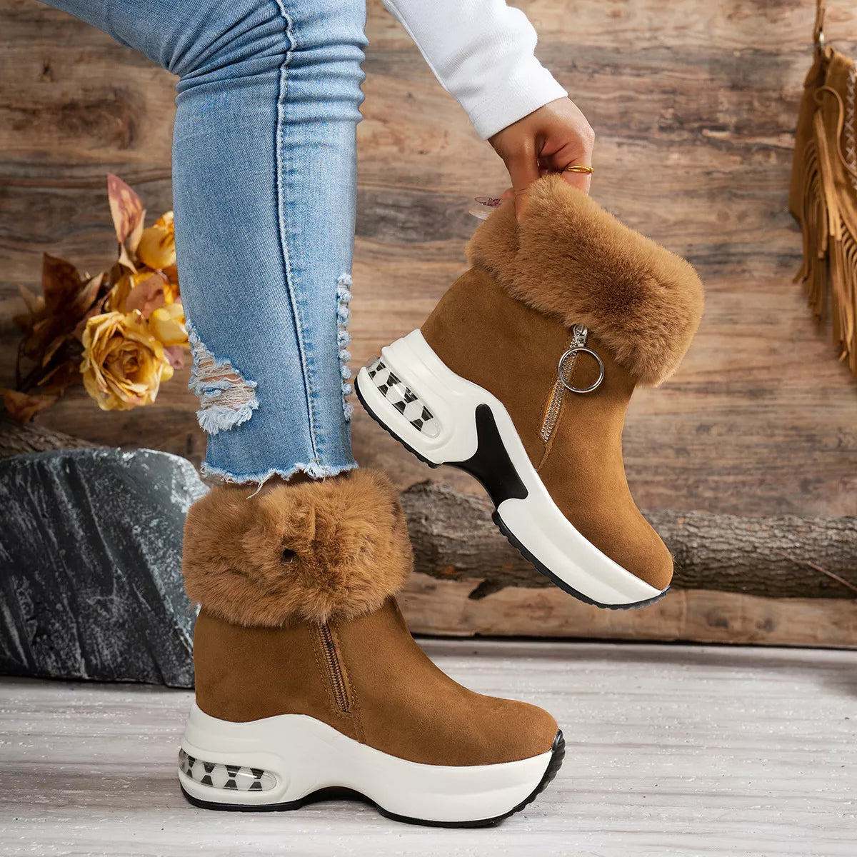 Fuzzy Side Zipper Platform Ankle Boots -