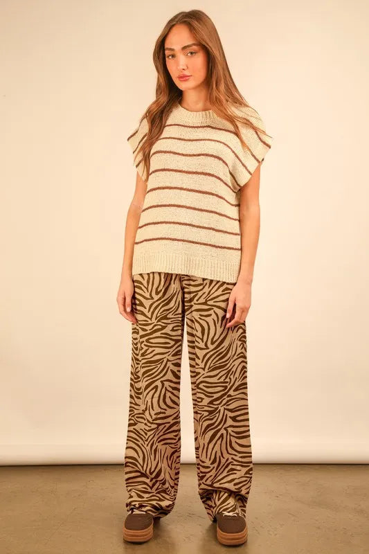 Animal Print Linen Wide Leg Pants - Taupe
