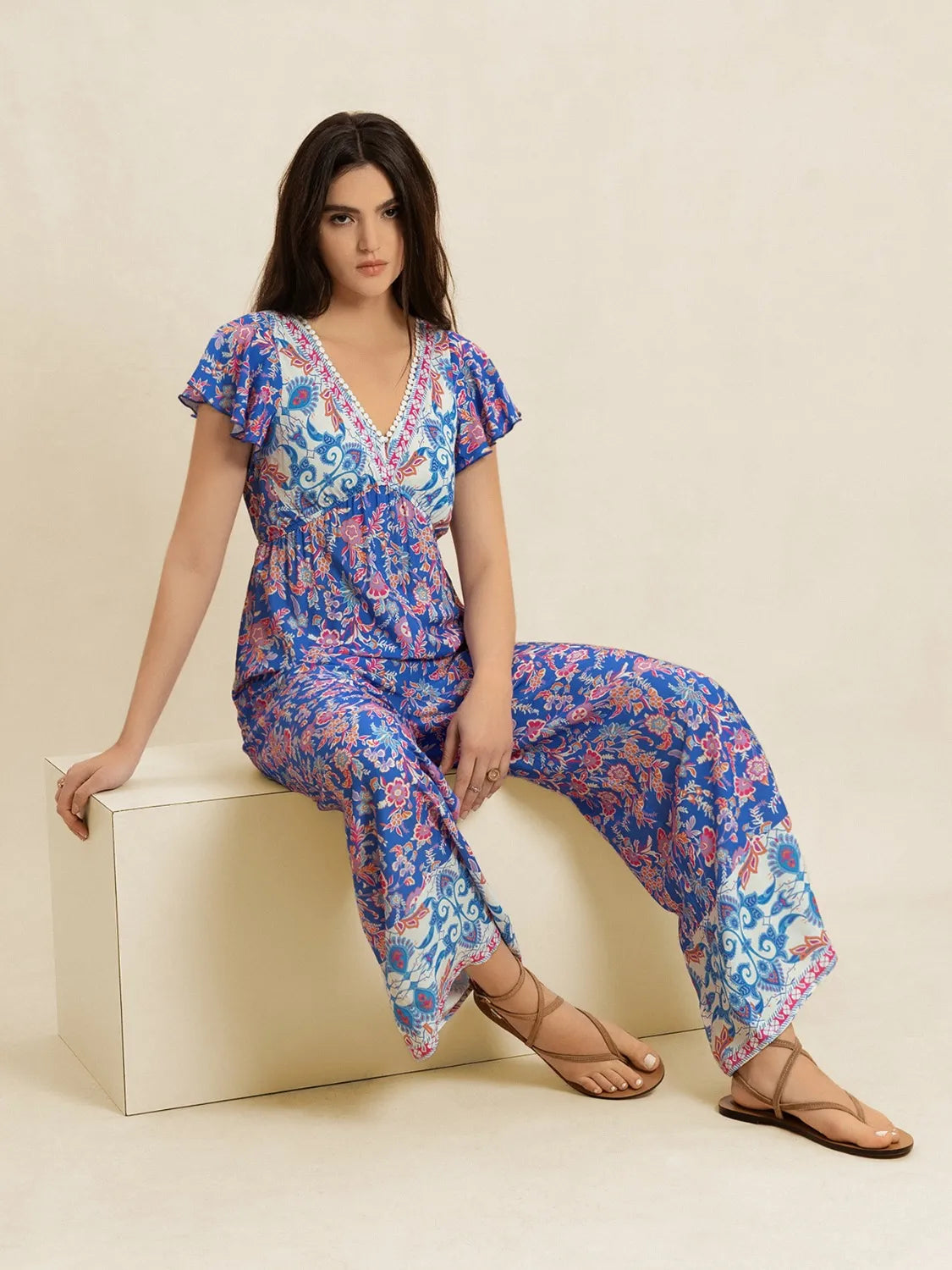 Printed V-Neck Wide Leg Jumpsuit -