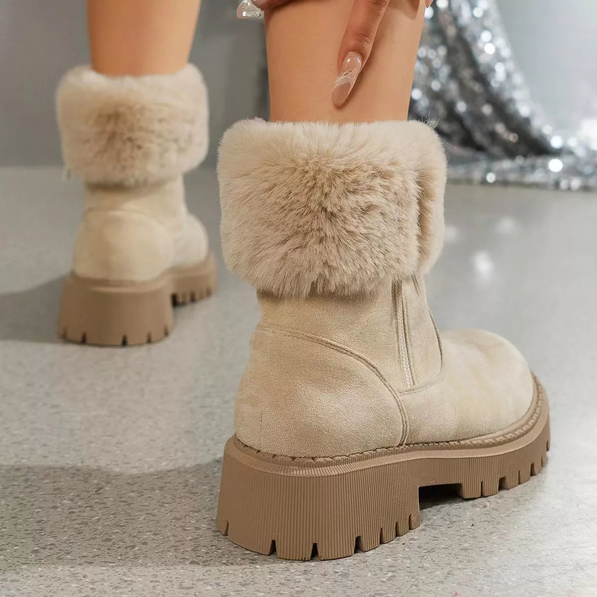 Side Zipper Fuzzy Boots - Creamy-White