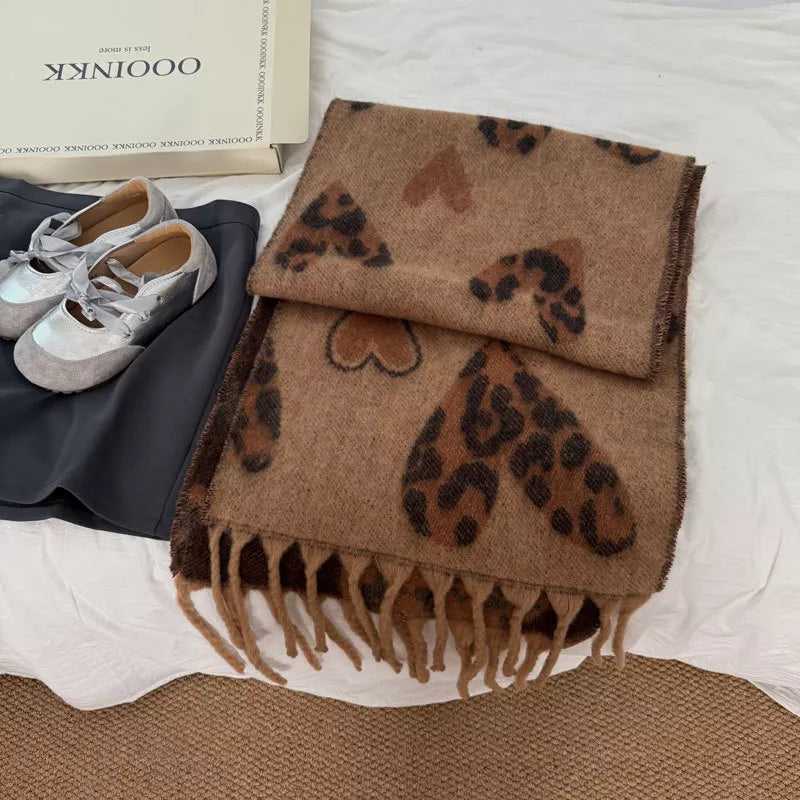 Leopard Heart Warm Scarf - Brown One Size