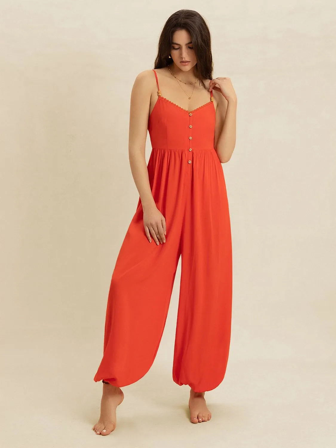 V-Neck Spaghetti Strap Jumpsuit - Orange