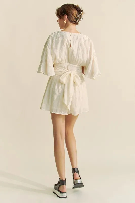Batwing Sleeve Waist Belt Romper - Cream